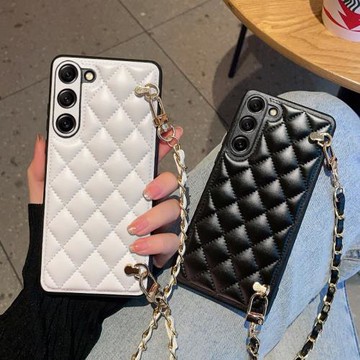 適用三星GalaxyS23Ultra手機殼S23+斜挎S23小香風三星S22皮殼S22+時尚菱格S22Ultra套