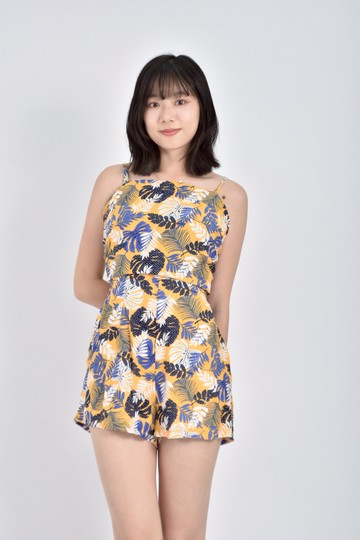 (S) air space高腰質感細肩帶後綁帶滿版印花黃色連身裝