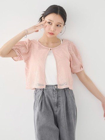鏤空鉤花刺繡泡泡袖開襟罩衫上衣(01000523800) - earth music&ecology