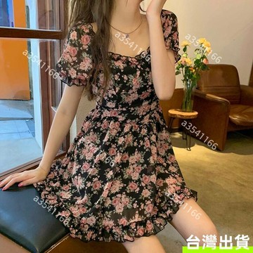 法式碎花仙女連衣裙女 復古方領泡泡袖短裙 收腰顯瘦 A字初戀短裙 甜辣純欲風 寬鬆顯瘦 大尺碼辣妹連衣裙 短裙