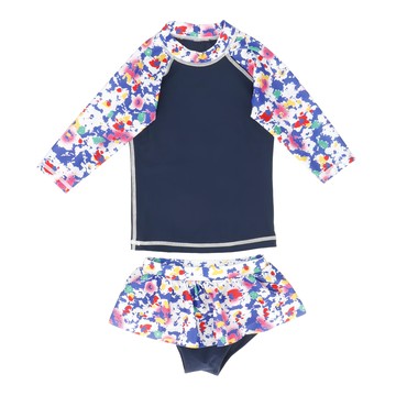 女童長袖防曬泳衣套裝 S 碎花 海灘度假必備  深藍