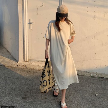 韓版慵懶風圓領短袖T恤裙季寬鬆遮肉顯瘦開叉連衣裙睡裙女