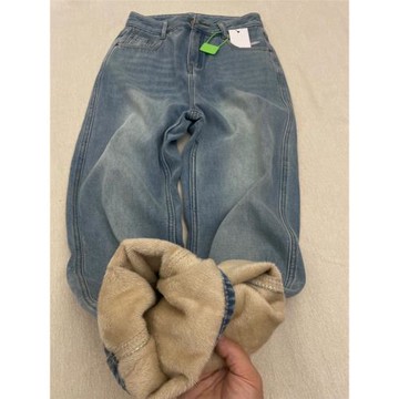 藍色牛仔褲女秋冬款高腰小個子美式復古直筒闊腿褲加絨加厚拖地褲