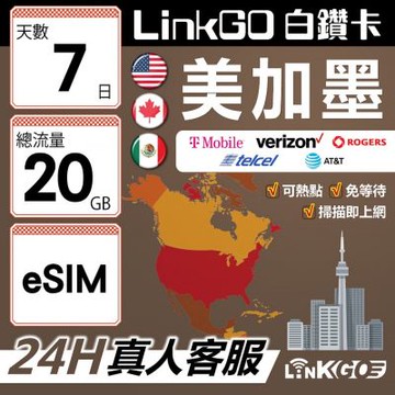 【LinkGO】白鑽卡 美加墨 eSIM卡 7天上網卡 總流量20GB 高速流量(美國 加拿大 墨西哥)