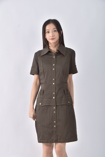 (S) hey排扣車線綠色洋裝