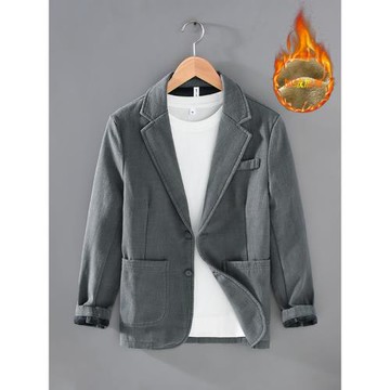 秋冬天加絨加厚保暖商務休閑西服外套男士純色亞麻單西便服西裝潮