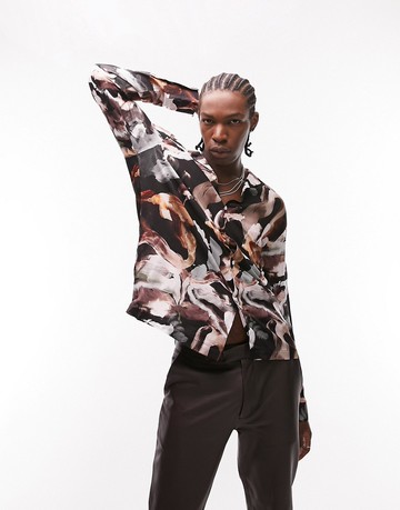 Topman long sleeve viscose revere shirt in painted print-Multi