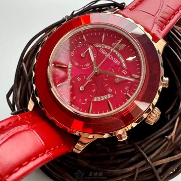 SWAROVSKI手錶,編號SW00022,46mm紅色圓形精鋼錶殼,大紅色三眼, 中三針顯示錶面,大紅真皮皮革錶帶款,大鑽圈款，大紅招財