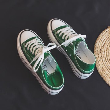 秋季綠色踩腳帆布鞋女2025新款秋款薄款厚底ins潮球鞋布鞋板鞋子