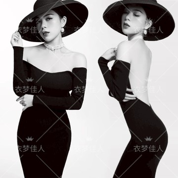 新款影樓主題個人寫真服裝赫本風鏤空露背連衣裙性感名媛風藝術照