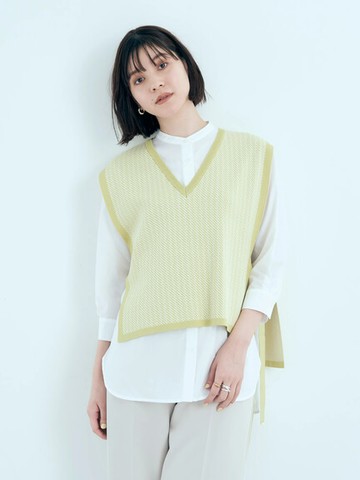 【SET ITEM】緹花針織綁帶背心+圓領七分袖襯衫(7A21L0A0740) - YECCA VECCA