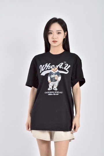 (M) whoau california質感棉質小熊印花黑色短袖上衣