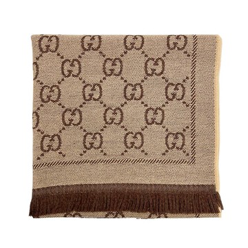 GUCCI 經典雙G logo羊毛拚色圍巾（133483-咖） -廠商直送