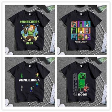跨境動漫我的方塊世界游戲卡通親子裝 男女學生夏季黑T恤短袖上衣