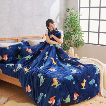 床包兩用被套/毯-雙人加大 / 法蘭絨四件式 / 恐龍小嗶