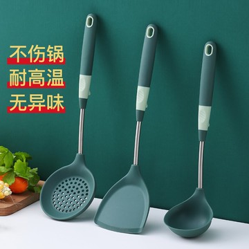 硅膠鍋鏟不粘鍋專用鏟炒菜鏟子耐高溫不銹鋼家用炒勺漏勺廚具套裝
