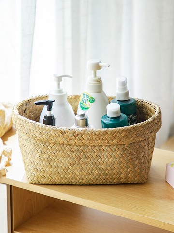 異麗草編收納筐桌面藤編雜物洗漱用品置物收納籃子田園編織儲物盒