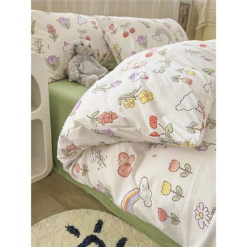 卡通床笠四件套小花彩虹可愛少女心溫柔風被套被罩床單床包三件套