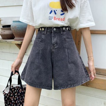 2025年秋季韓版大碼胖mm顯瘦高腰闊腿中褲女寬松直筒五分牛仔短褲