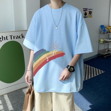 彩虹印花短袖男夏季港風ins潮牌純棉重磅T恤半袖設計感小眾五分袖