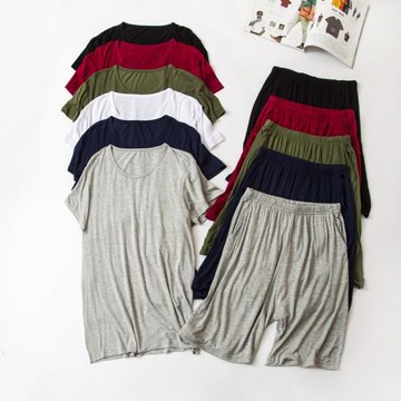 莫代爾男款兩件套裝家居服短袖T恤五分短褲套裝外穿薄款休閑睡衣