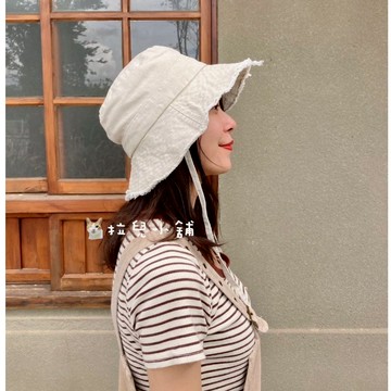 「拉兒小舖」台灣現貨 韓 自帶防風繩 毛邊漁夫帽 鬚邊遮臉漁夫帽 森林系 防曬漁夫帽 防曬帽 遮陽帽