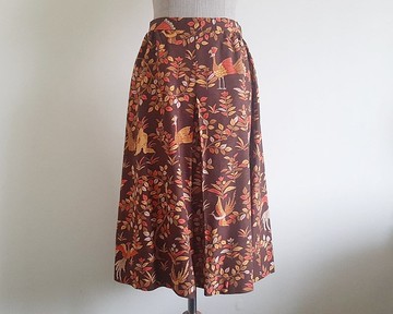 復古橘棕色鳥印花裙 女款 棉質 A字傘裙 中長裙 XS 腰圍25吋