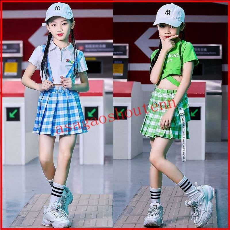 キッズ ダンス 衣装 キッズ セットアップ ジャズダンス チア チアガール スパンコール イエロー チェック柄 トップス スカート へそ出し 韓国 応援団 おしゃれ