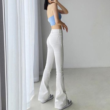 美式馬蹄牛仔褲女春秋小個子高腰修身緊身顯瘦微喇叭拖地闊腿長褲