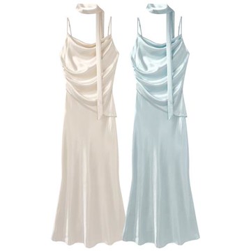 GeNaQi夏季新款蕩領氣質緞面魚尾裙女法式名媛氣質系帶吊帶連衣裙