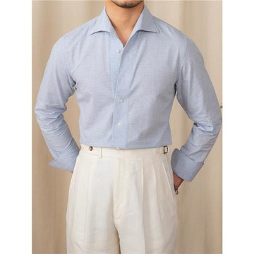 鹿三先生春夏透氣棉麻長袖襯衫男休閑商務修身純色一片領襯衣男