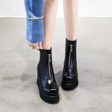真皮短靴女冬季2024新款潮短筒內增高棉鞋前拉鏈厚底馬丁靴英倫風