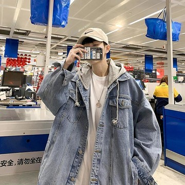 限時優惠 潮流外套 假兩件連帽外套男春秋新款潮牌寬鬆美式嘻哈牛仔衣服ins港風夾克