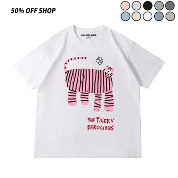 Ferocious Pink Tiger 粉紅條紋胖胖小虎插畫短T 純棉短袖 男女上衣 可愛卡通圖案 學生情侶穿搭