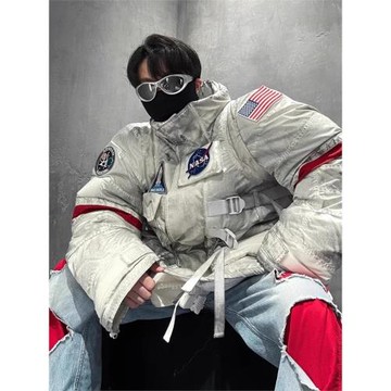 2025年秋冬新立領白色NASA印花男女款情侶圖案宇航員沖鋒衣羽絨服