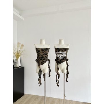 美式復古辣妹不規則迷彩一字領衣女2025夏季新款獨特別致泰式抹胸