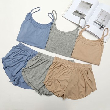 莫代爾吊帶背心短褲套裝小清新打底上衣睡衣女內搭短款家居兩件套
