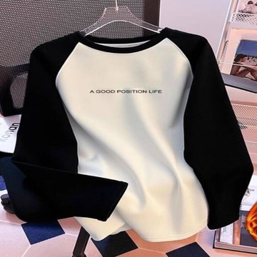 愛依依 長袖T卹 印花T卹 發熱衣 保暖衫中大碼 M-3XL新款遮肉加絨衛衣拼接撞色德絨寬鬆遮肚上衣-12180.