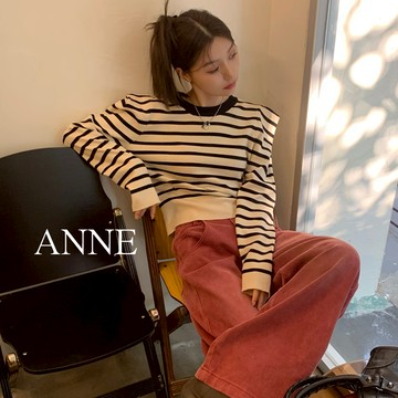 ANNE｜出清中｜399降180｜\t 短版t恤 條紋t【AT10303】雙色 復古短版 收腰顯瘦 直角肩設計 寬肩 條紋