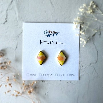 【再販】漸層 繪付 陶器 金繼線條 耳環 耳夾 無耳洞耳夾 黃色 橘色 金色 桃色 菱形 小巧