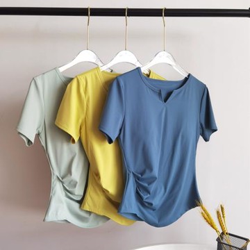 帶胸墊裸感V領緊身皺褶短袖上衣 速干跑步健身運動T恤瑜伽服夏季