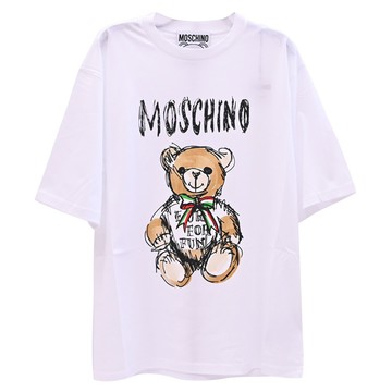 MOSCHINO 滿版小熊燙印插畫LOGO棉質寬版短T卹.白