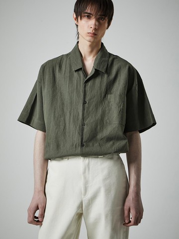 Linen Open Collar Short Sleeves Shirt - Khaki