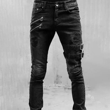 Men's Biker Denim Trousers With Leg Ties腿部綁帶機車牛仔長褲