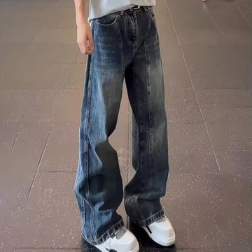 秋冬美式直筒做舊水洗彎刀褲男潮流寬鬆百搭休閒牛仔褲男