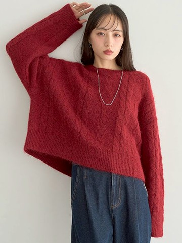 蓬鬆保暖馬海毛麻花編織針織衫(01000937600) - earth music&ecology