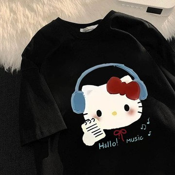 耳機凱蒂貓 短袖T恤 短袖女 重磅短袖 oversize t恤女 棉t 韓國衣服 短袖 韓系T恤 個性衣服 大尺碼女裝
