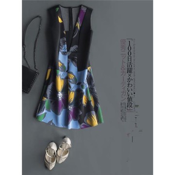 歐美風 2024秋季新款v領收腰無袖印花太空棉氣質顯瘦背心裙中長裙