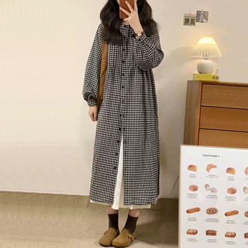 ＊ORead＊日式復古格紋長袖襯衫裙(黑白格M~2XL)【限定加碼✿全館滿額再折】