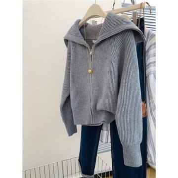 灰色海軍領拉鏈毛衣外套女2026冬翻領寬松慵懶風短款加厚針織開衫